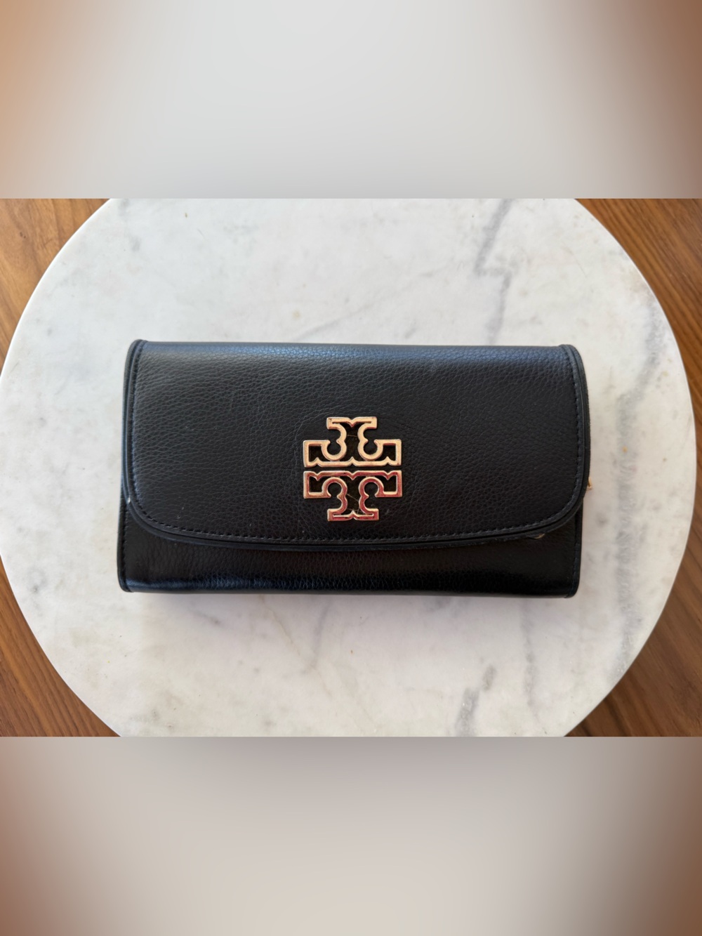 Tory Burch Black Leather Envelope Wallet with Gold Logo Emblem